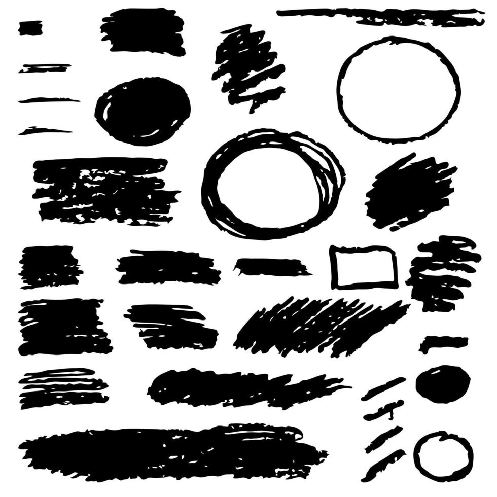 set di elementi grunge neri disegnati a mano, banner, pennellate isolati su bianco. vettore