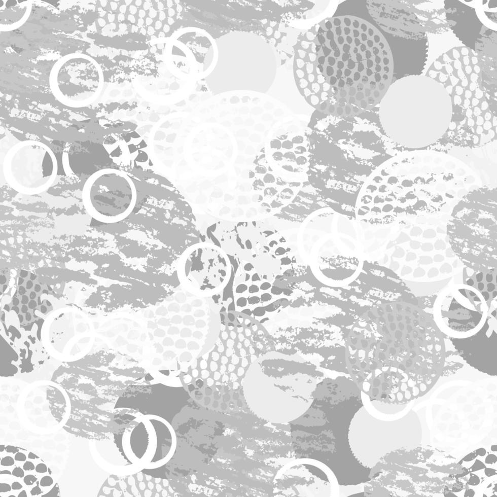 modello senza cuciture astratto di lerciume in bianco e nero con cerchi, anelli, diverse pennellate e forme. sfondo di cerchi con texture infinito. vettore
