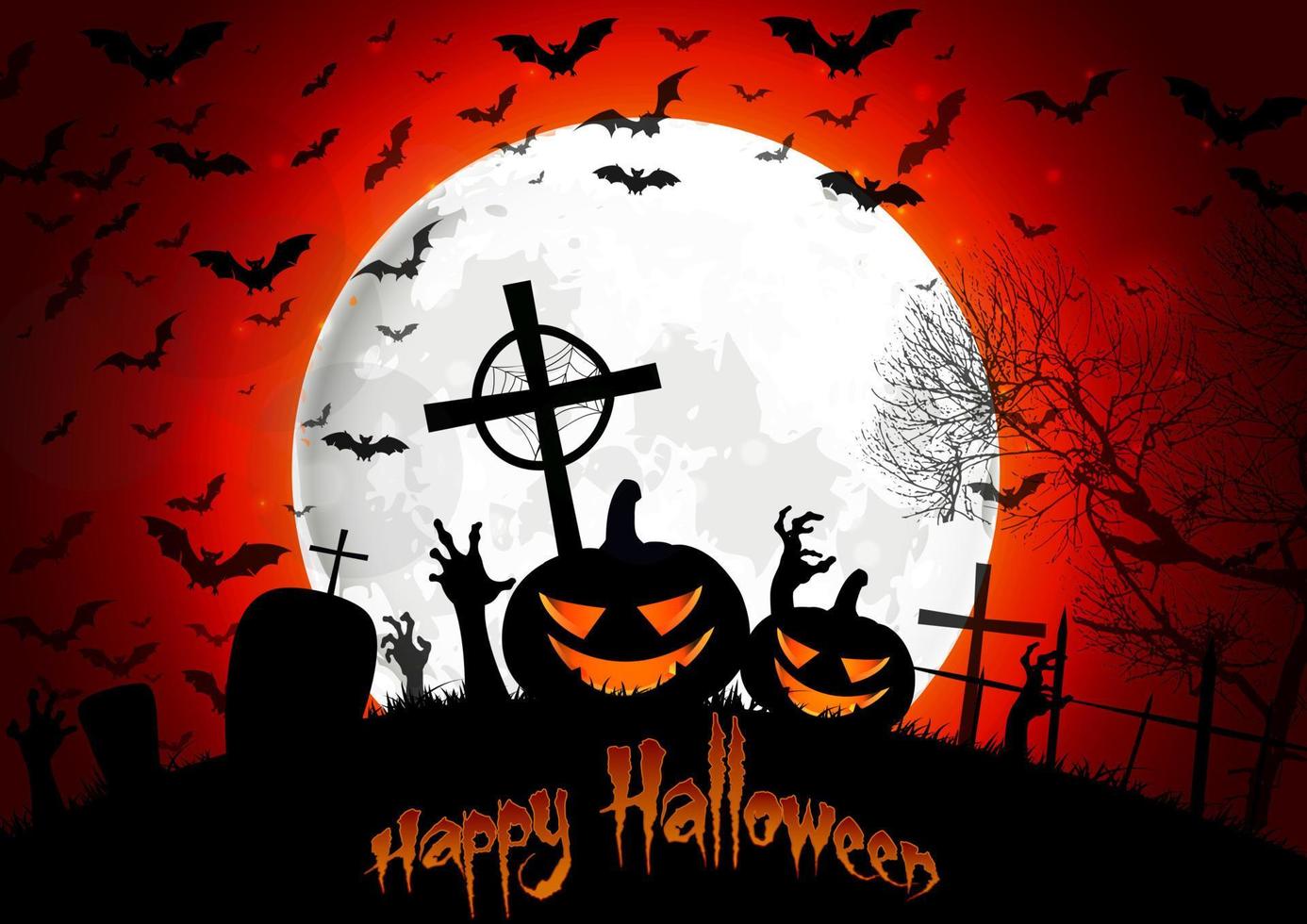 tomba di halloween su sfondo di luna piena mano di zucca e pipistrelli vettore