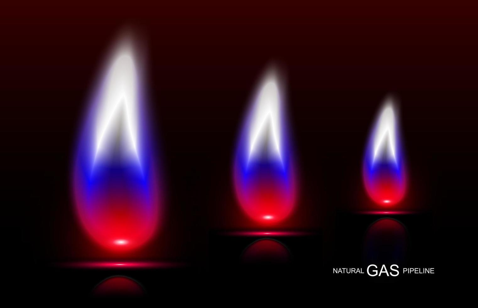 banner con fiamma al neon tricolore. fuoco bianco, rosso, blu, simbolo del gasdotto dalla russia. flusso nord del gas. concetto di gas per le famiglie e l'estrazione di combustibili fossili. illustrazione vettoriale