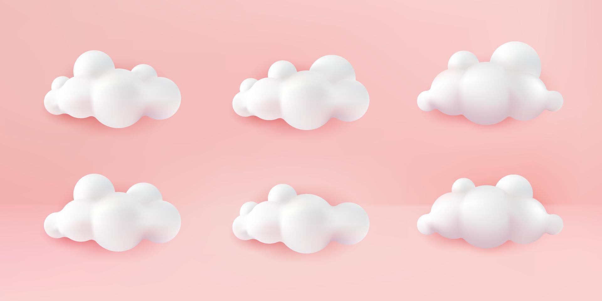 Rendering 3D di un set di nuvole isolato su sfondo rosa. morbido fumetto rotondo soffici nuvole mock up icona. illustrazione vettoriale di forme geometriche 3d
