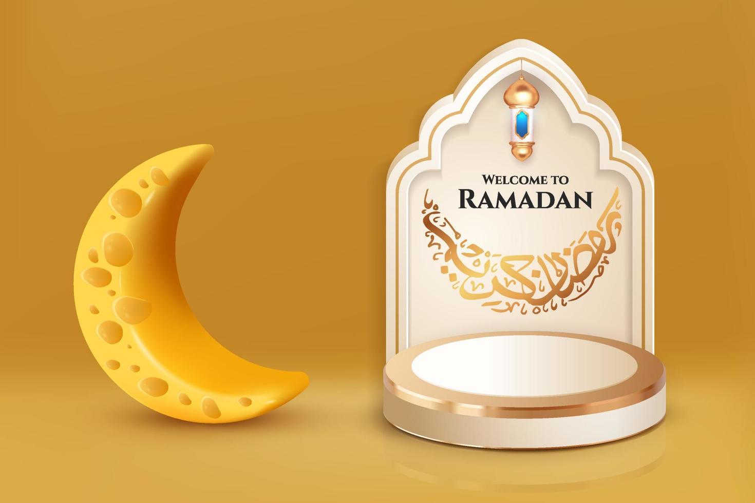 benvenuto al modello di banner di calligrafia islamica araba ramadan kareem con luna crescente. biglietto d'auguri vettore