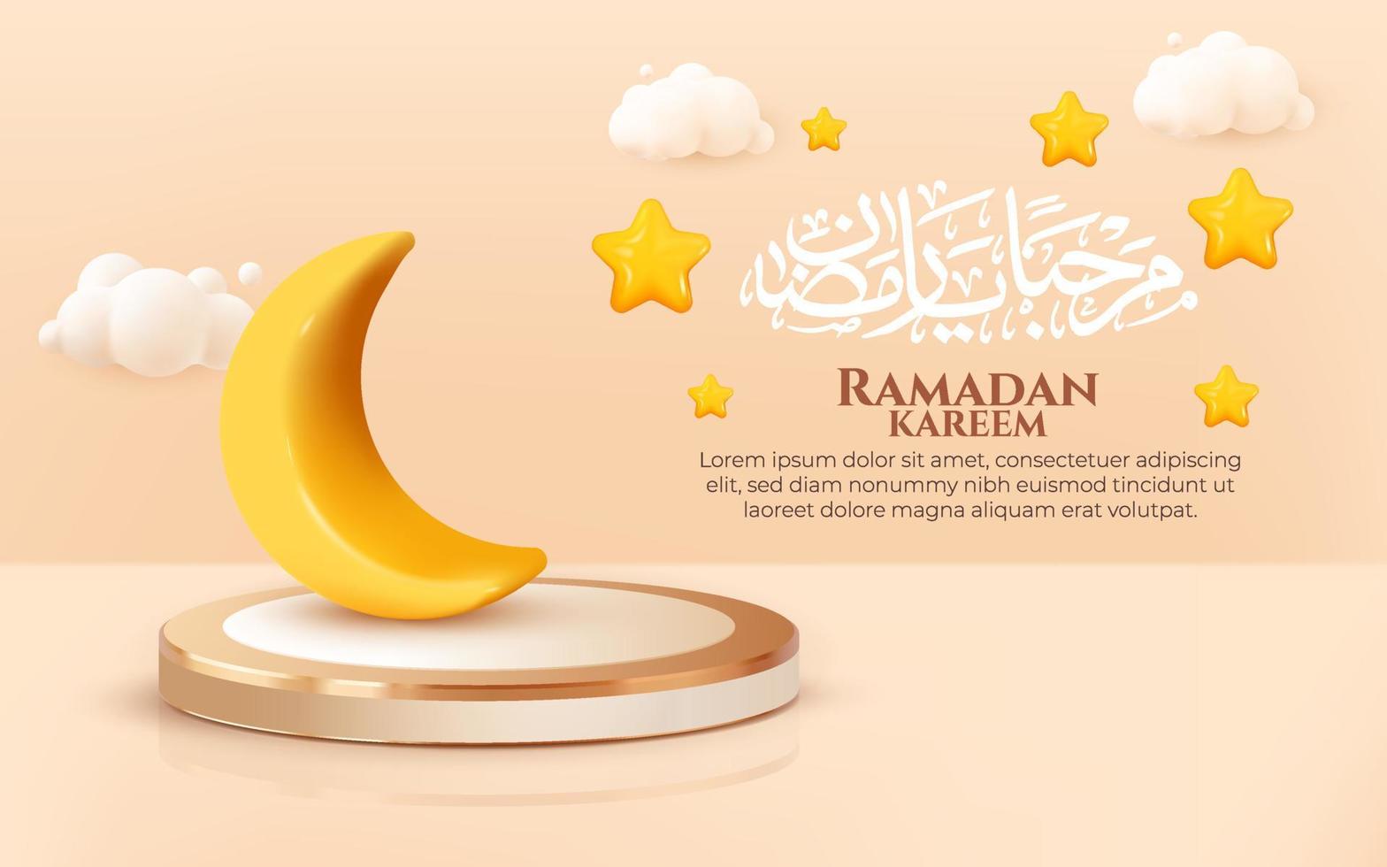 ramadan kareem con simpatica luna gialla e stella in stile cartone animato 3d. calligrafia islamica al largo di marhaban yaa ramadan vettore