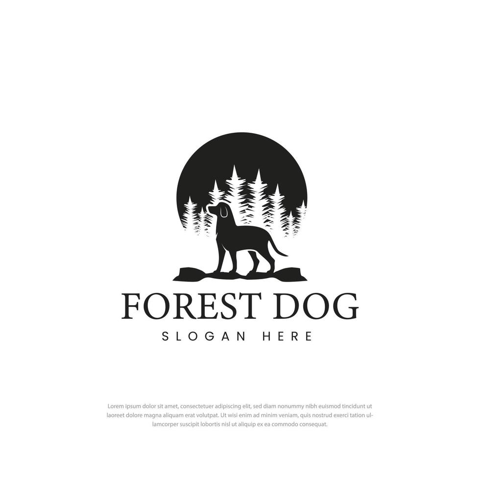 logo del cane della foresta in piedi di fronte alla silhouette vintage retrò design del logo hipster vettore