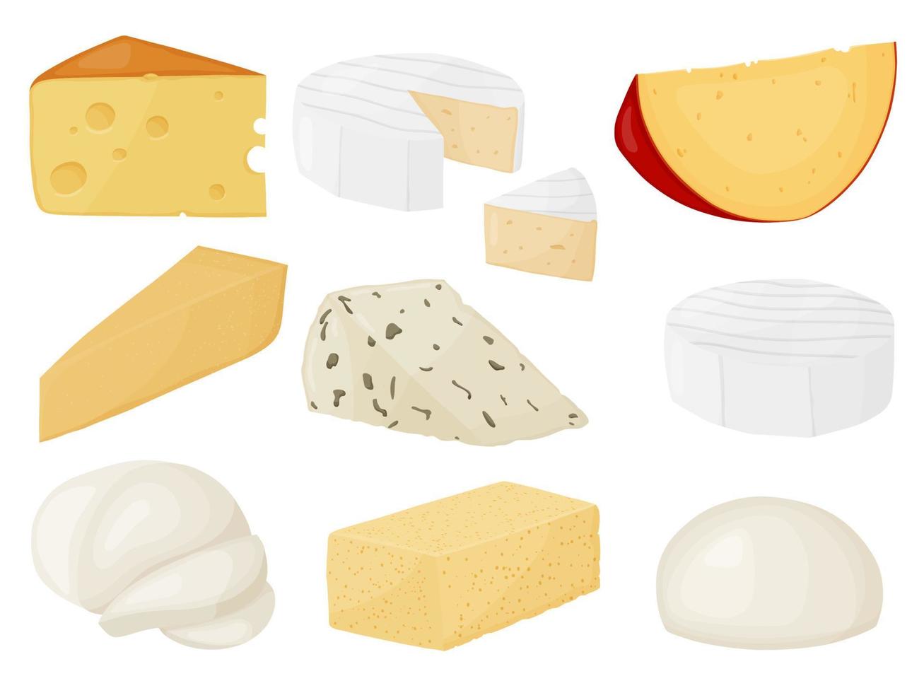 set di blocchi di formaggio a pasta molle. prodotto del mercato agricolo per etichetta, poster, icona, imballaggio. vettore