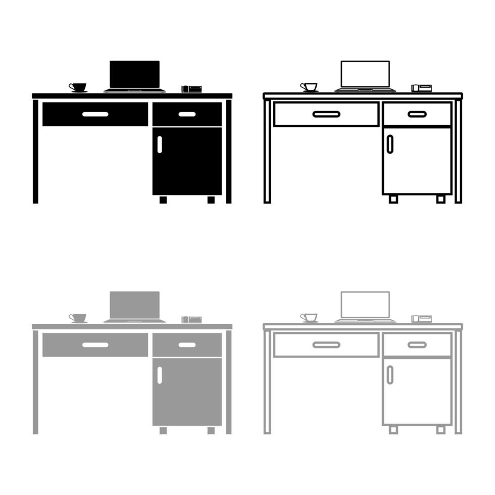 desktop con telefono portatile e tazza da tè materiale aziendale sul tavolo icona contorno set nero colore grigio illustrazione vettoriale immagine in stile piatto