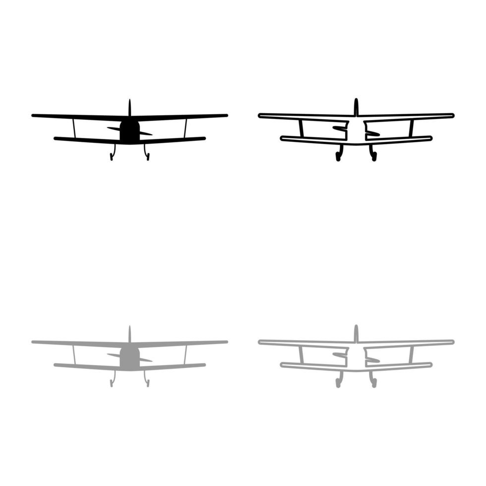 vista dell'aeroplano con la luce anteriore dell'aeromobile civile icona della macchina volante set di profili nero grigio colore illustrazione vettoriale immagine in stile piatto