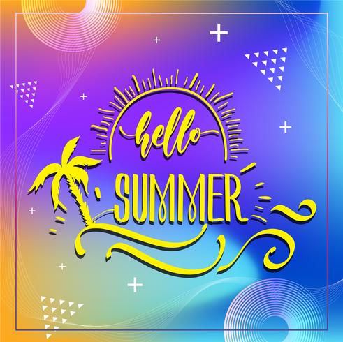 Happy Summer Party 2019. Logo vettoriale multicolore su sfondo blu scuro. Sole e iscrizione scritta a mano. Modello di etichetta stagionale brillante. Calda estate.