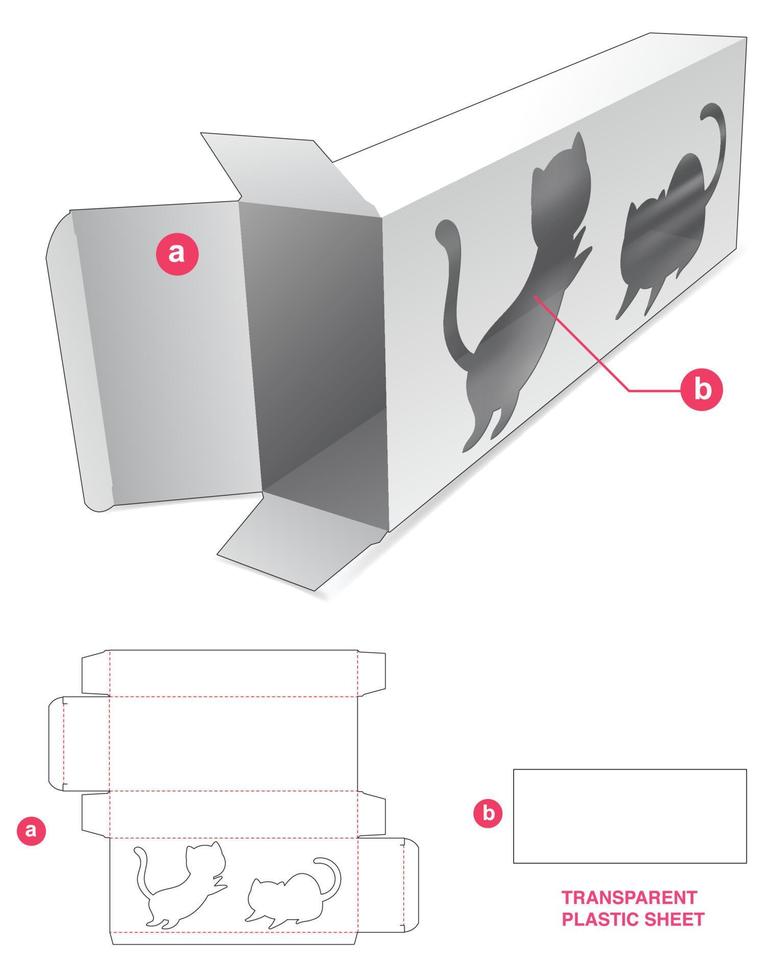 scatola di latta e scatola lunga con finestra gatti e dima fustellata in foglio di plastica trasparente vettore