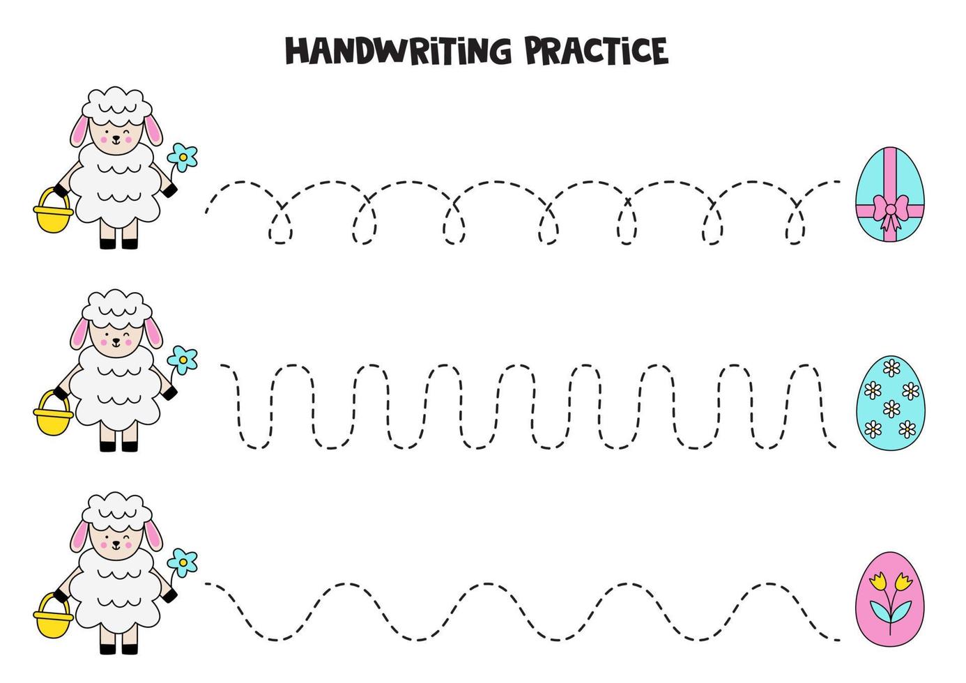 linee di tracciamento con simpatiche pecorelle di Pasqua. Pratica di scrittura. vettore