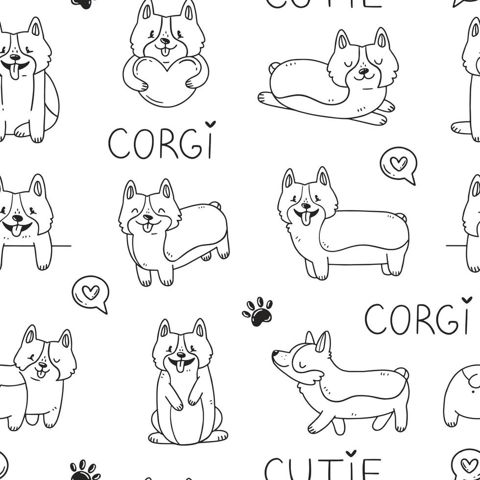 sfondo bianco e nero senza cuciture con simpatici cani corgi e scritte in stile doodle cartone animato. sfondo di illustrazione vettoriale. vettore