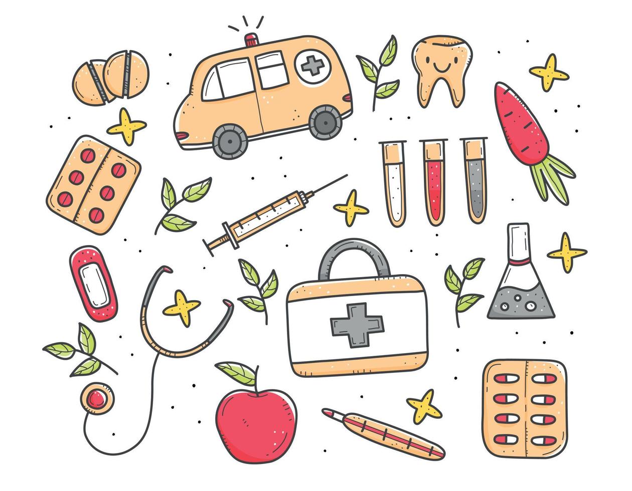 set di articoli medici multicolori in stile doodle, termometro, siringa, pallone, pillole, vitamine, ambulanza. illustrazione di doodle di vettore. oggetti isolati su sfondo bianco. vettore