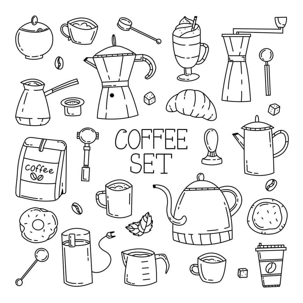 carino doodle set con caffè e accessori per il caffè. illustrazione del disegno a mano della linea vettoriale per la caffetteria.