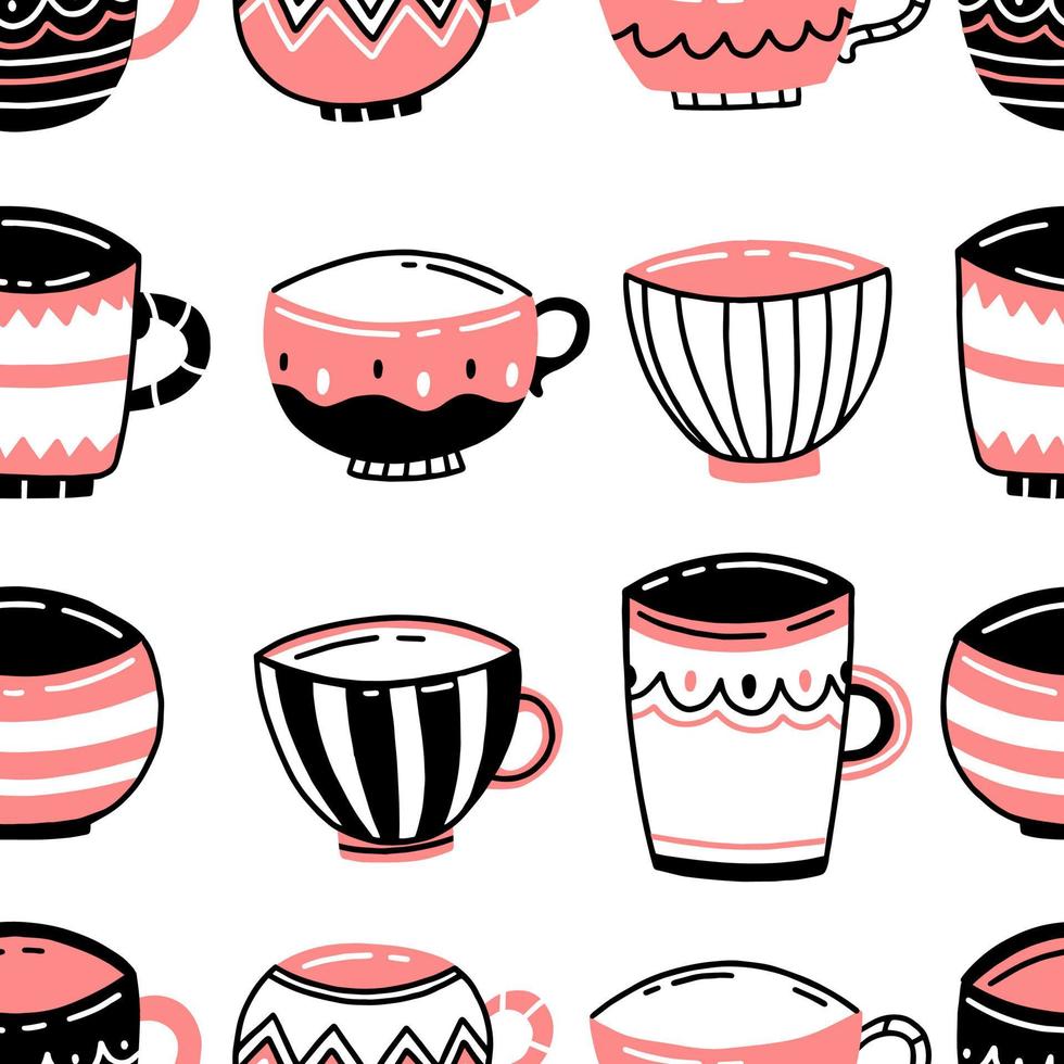 motivo senza cuciture con tazze in ceramica nere e rosa in un simpatico stile doodle su sfondo bianco. sfondo di illustrazione vettoriale. vettore