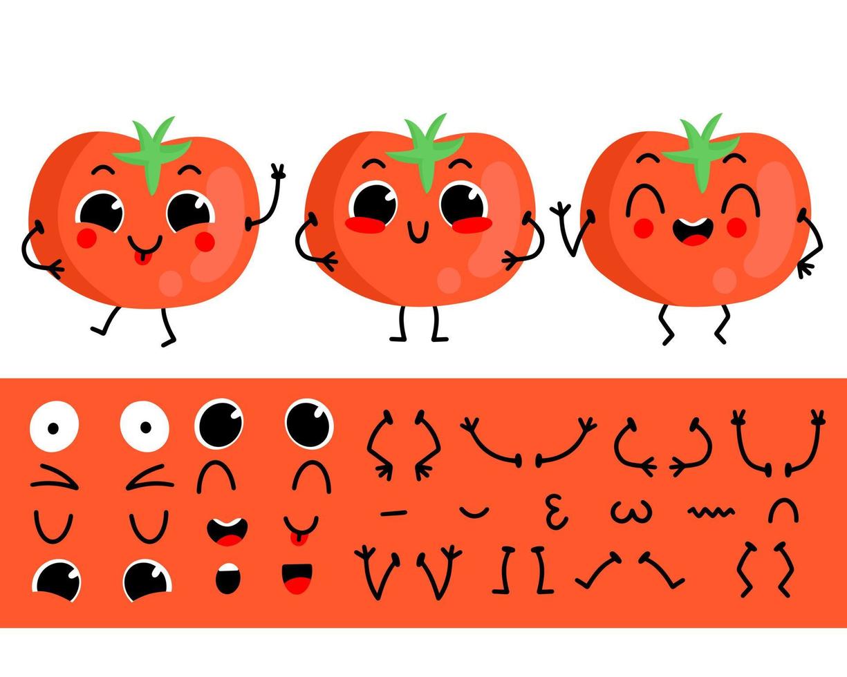 pomodoro. impostato per la creazione di pomodoro divertente personaggio dei cartoni animati. illustrazione vettoriale del costruttore di caratteri.