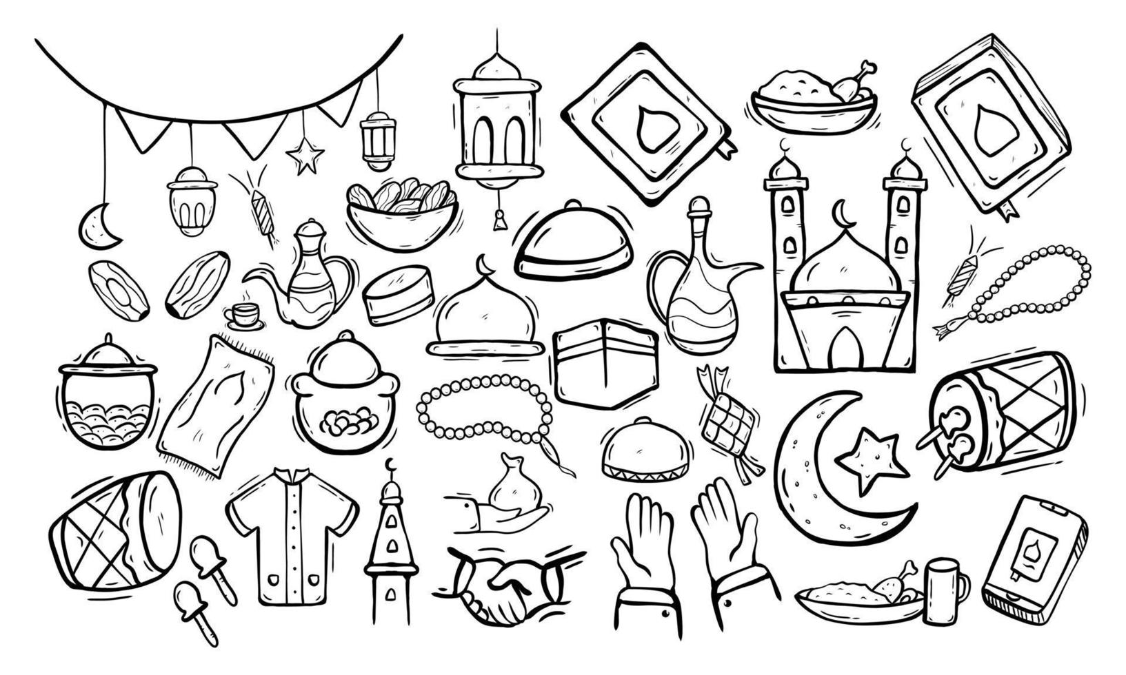 set di elementi doodle islamici relativi all'agrifoglio ramadan. concetto di design simboli islamici e icone con stile schizzo disegnato a mano vettore