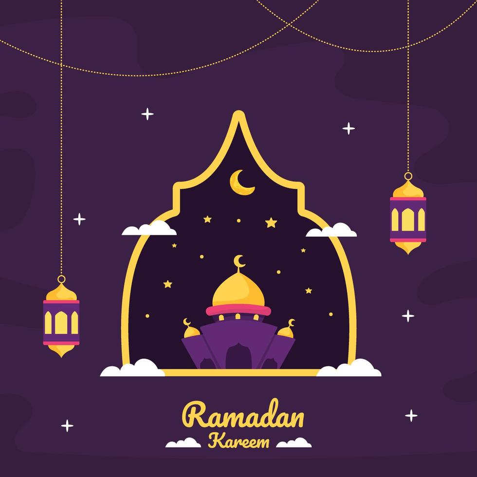 illustrazione di ramadan kareem con luna crescente, moschea e concetto di lanterna. stile cartone animato design piatto vettore