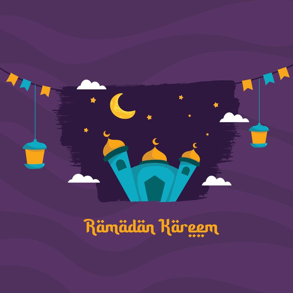 illustrazione di ramadan kareem con luna crescente, moschea e concetto di lanterna. stile cartone animato design piatto vettore
