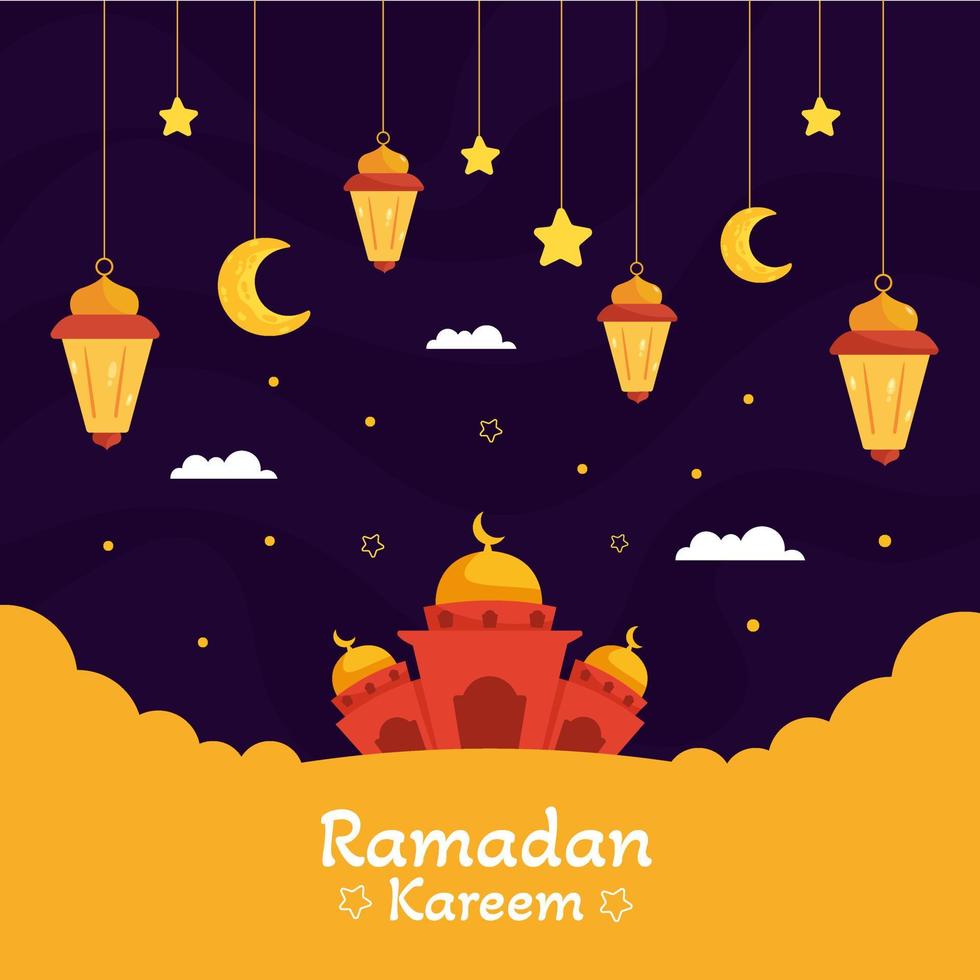 illustrazione di ramadan kareem con luna crescente, moschea e concetto di lanterna. stile cartone animato design piatto vettore