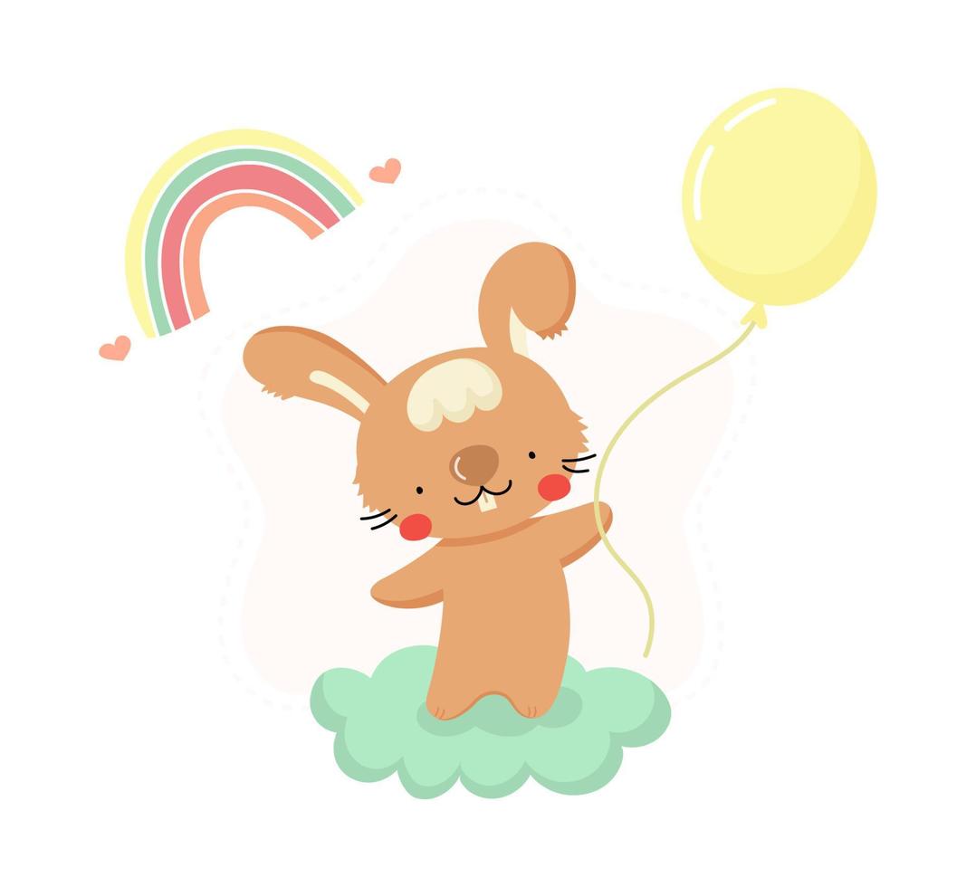 coniglio simpatico cartone animato in possesso di un palloncino. personaggio animale divertente per il design dei bambini. illustrazione vettoriale piatta.