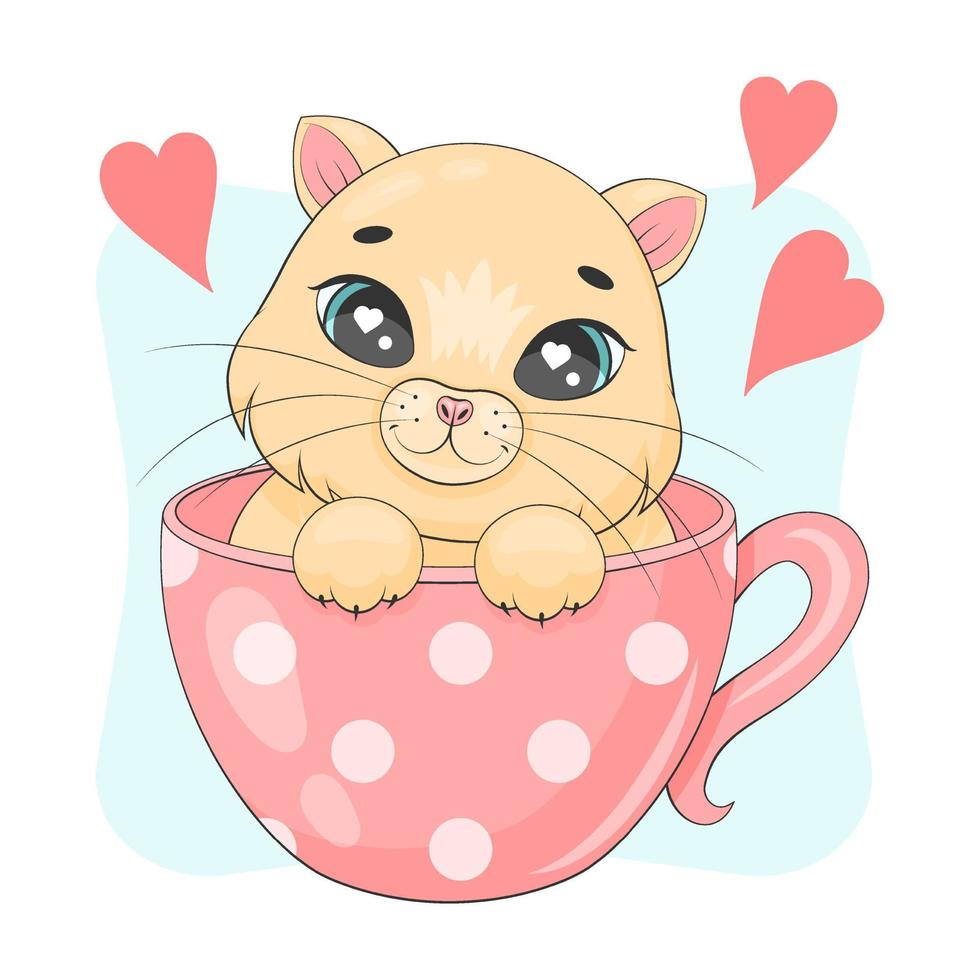simpatico gattino in tazza. stile cartone animato felice. illustrazione dei bambini. illustrazione vettoriale. isolato su bianco. vettore
