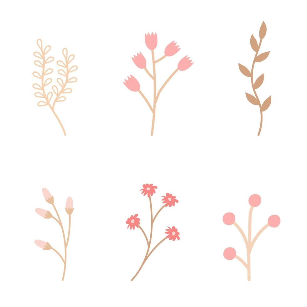 set di ramoscelli e fiori primaverili in un accogliente stile rustico di rosa e beige. semplice illustrazione vettoriale semplice per design, decorazione di cartoline, inviti.