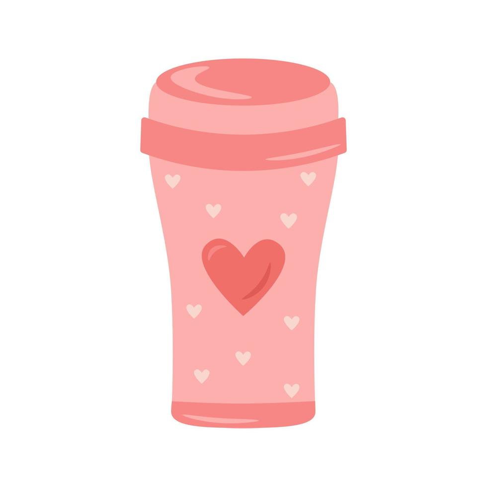 thermocup riutilizzabile con stampa cuori rosa per il concetto di zero rifiuti. per bevande calde, caffè, tè, cacao. illustrazione vettoriale in stile cartone animato.