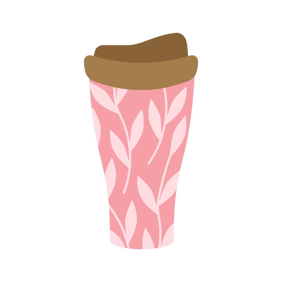 thermocup riutilizzabile con stampa foglia rosa e ramoscello per il concetto di zero sprechi. per bevande calde, caffè, tè, cacao. illustrazione vettoriale in stile cartone animato.