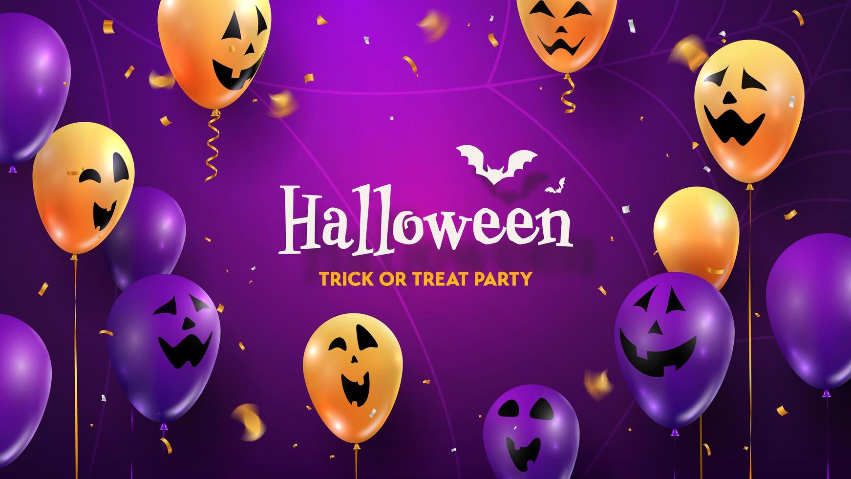 halloween happy party facce spaventose, divertenti e inquietanti su palloncini illustrazione vettoriale 3d. dolcetto o scherzetto testo