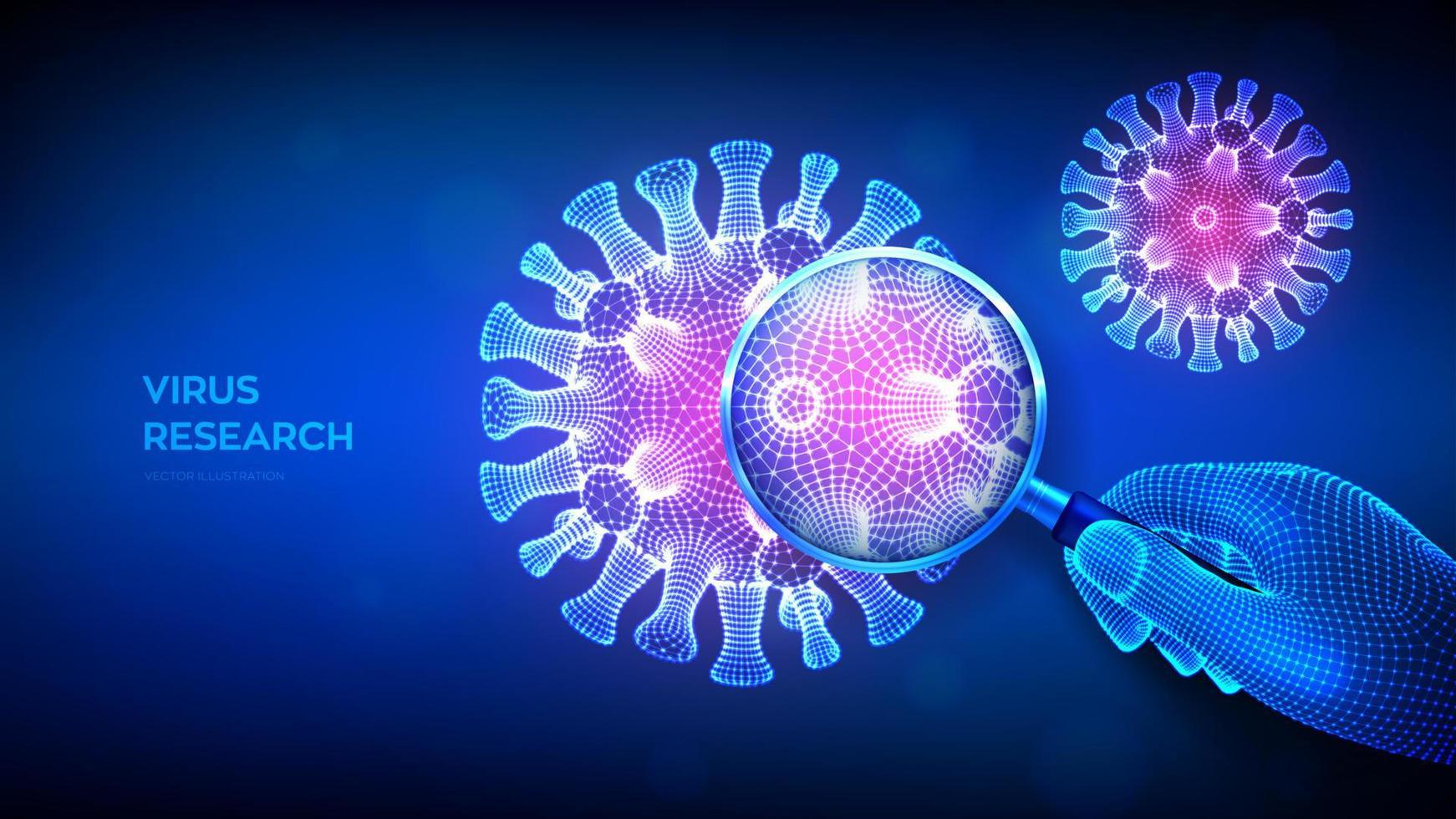 concetto di ricerca sui virus con lente d'ingrandimento in mano wireframe e nuovi batteri astratti di coronavirus. lente d'ingrandimento e cellula virale da vicino. coronavirus 2019-ncov. covid19. illustrazione vettoriale 3d.