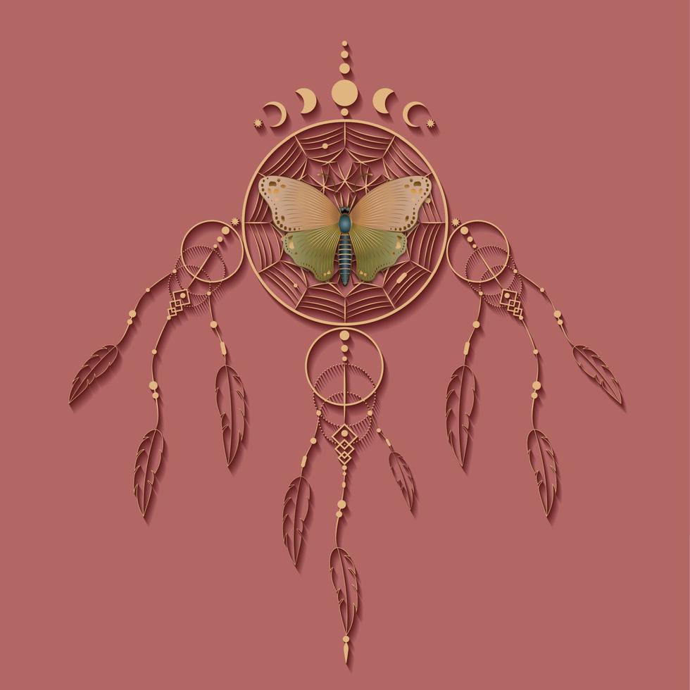 farfalla su acchiappasogni con ornamento mandala e fasi lunari. simbolo mistico d'oro, arte etnica con design boho indiano nativo americano, vettore isolato su sfondo rosa vintage vecchio