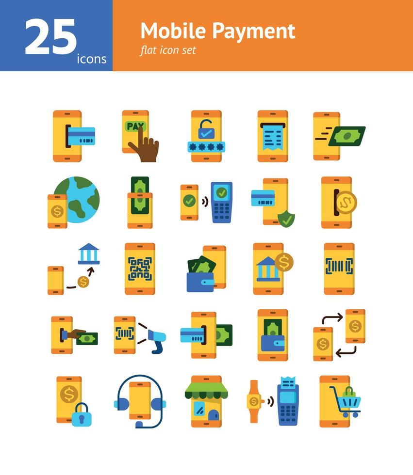 set di icone piatte di pagamento mobile. vettore