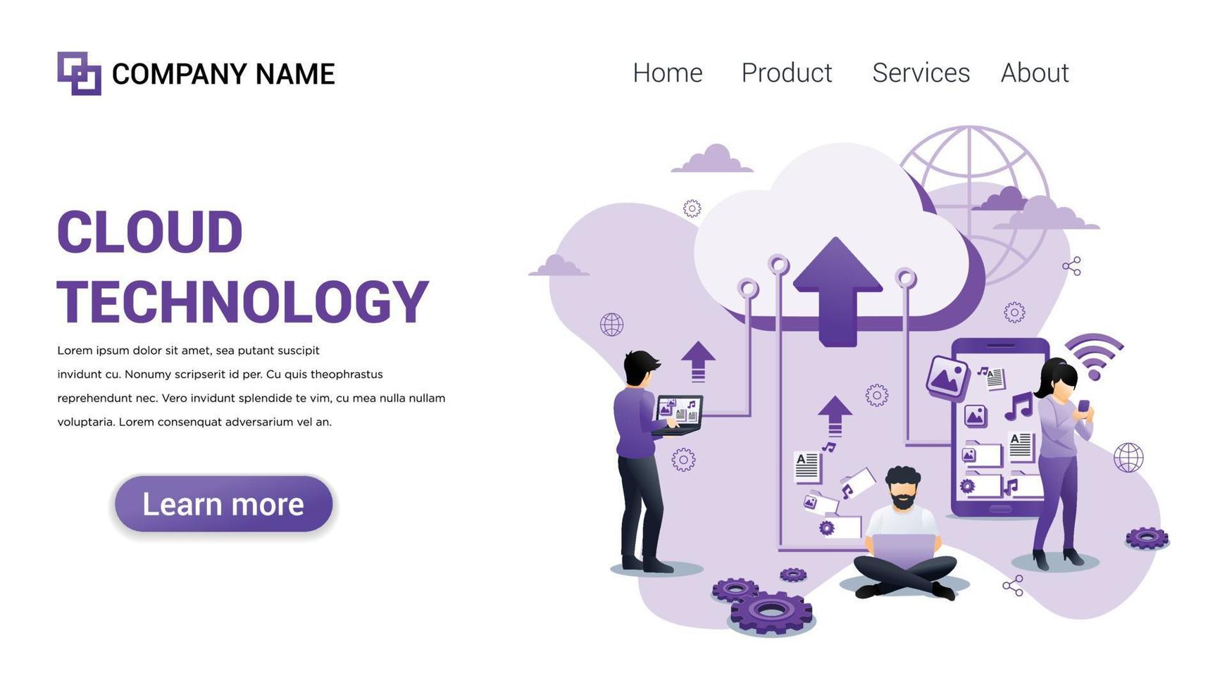 illustrazione della tecnologia cloud per il web, l'interfaccia web, il sito web, il vettore del modello grafico web completamente modificabile