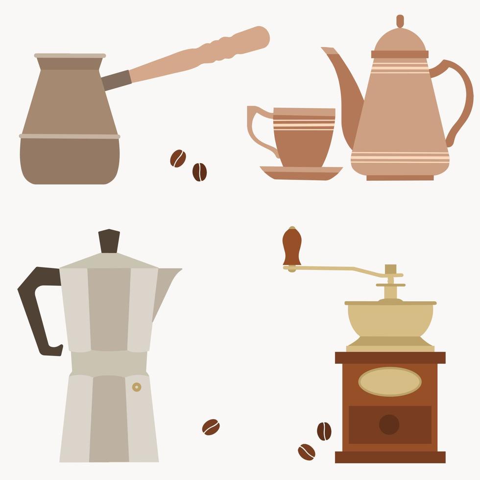 oggetti con scritte, caffettiera, tazza da caffè, macinacaffè e caffettiera su sfondo bianco vettore