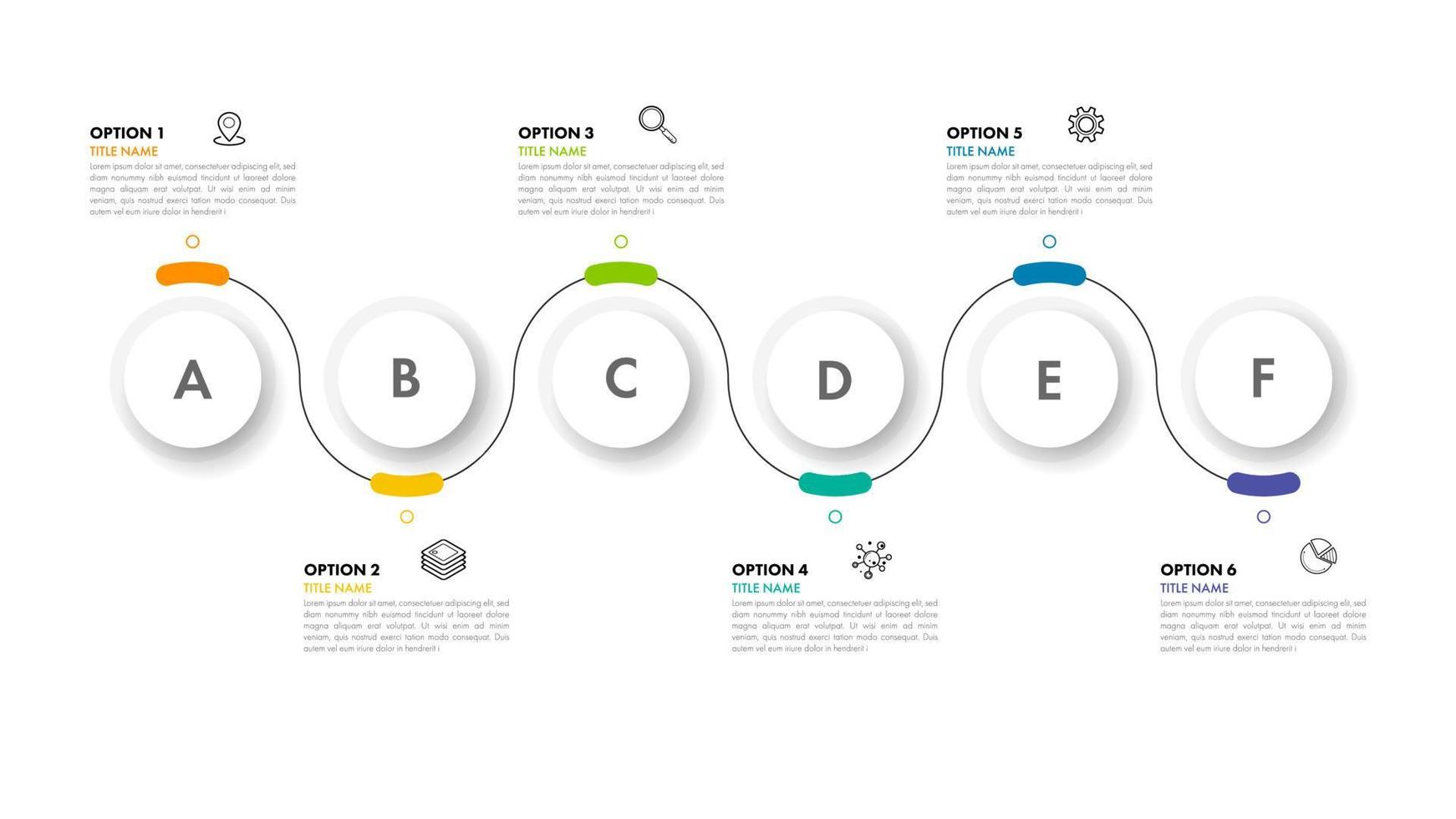 l'elemento infografica può essere utilizzato per presentazione, banner, grafica, flusso aziendale e diagramma. moderno modello di sequenza temporale piatta con 6 opzioni, parti, passaggio per il processo. modello astratto. vettore