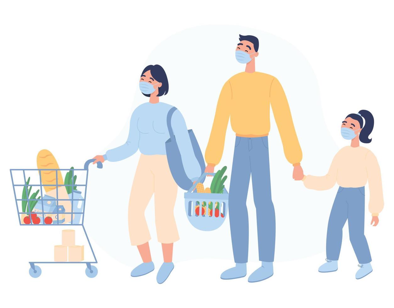 illustrazione vettoriale piatta. famiglia in maschera che compra generi alimentari in negozio. fare la spesa durante la quarantena. confinamento