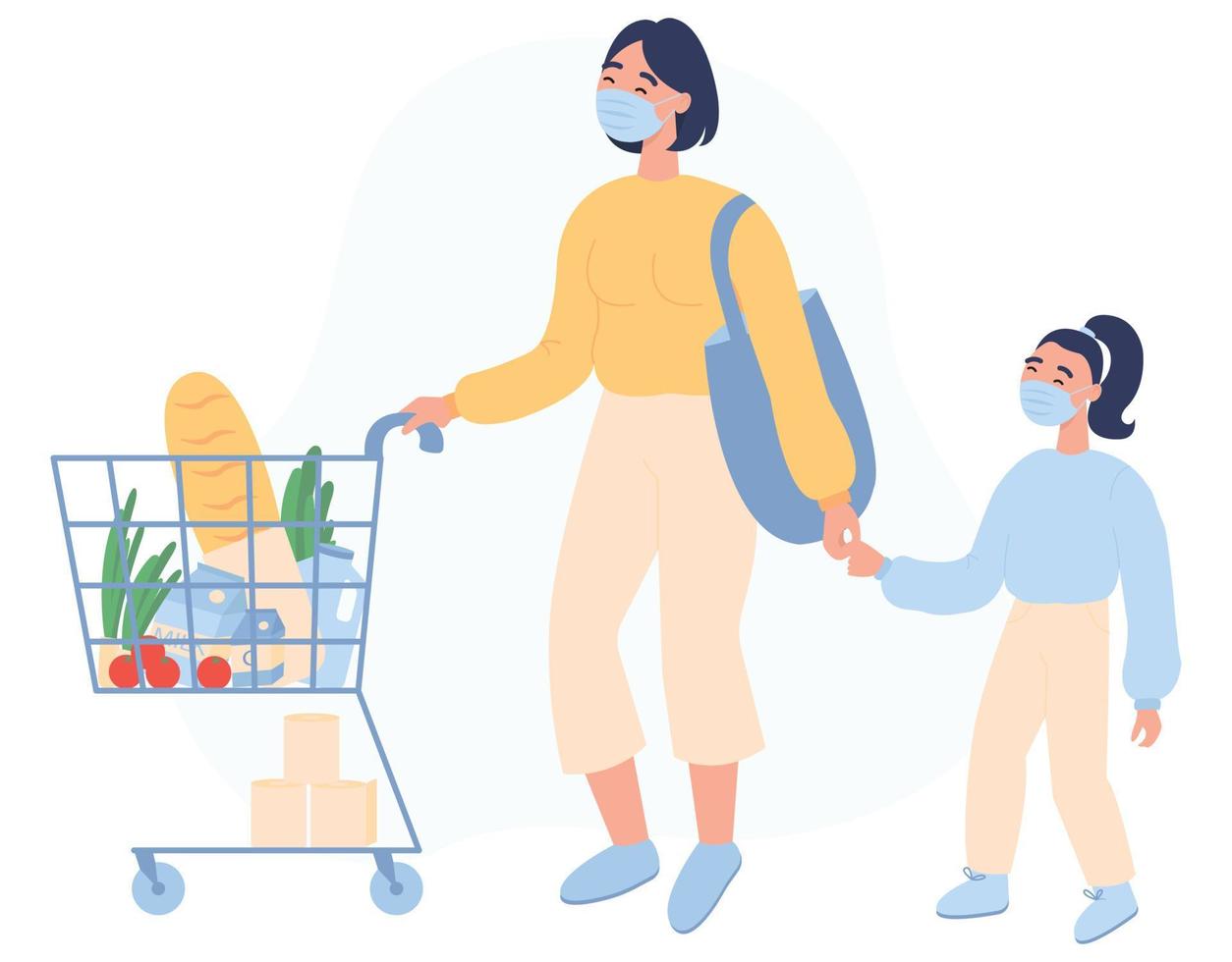 illustrazione vettoriale piatta. madre e figlia in maschera che acquistano generi alimentari in negozio. fare la spesa durante la quarantena. confinamento