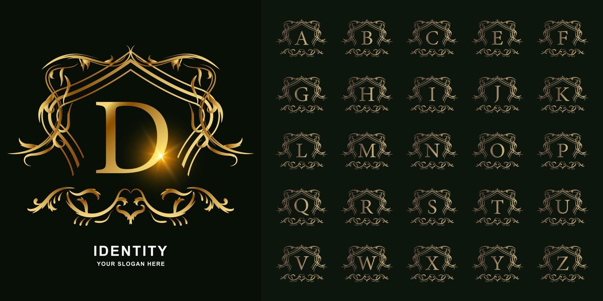 lettera d o collezione alfabeto iniziale con ornamento di lusso cornice floreale modello logo dorato. vettore
