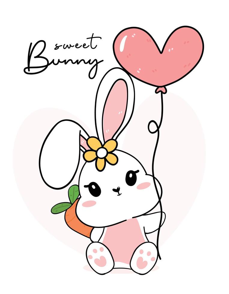 carino dolce coniglietto bianco felice che tiene palloncino a forma di cuore e carota nascosta, coniglietto adorabile dolce, vettore di contorno di disegno di cartoni animati