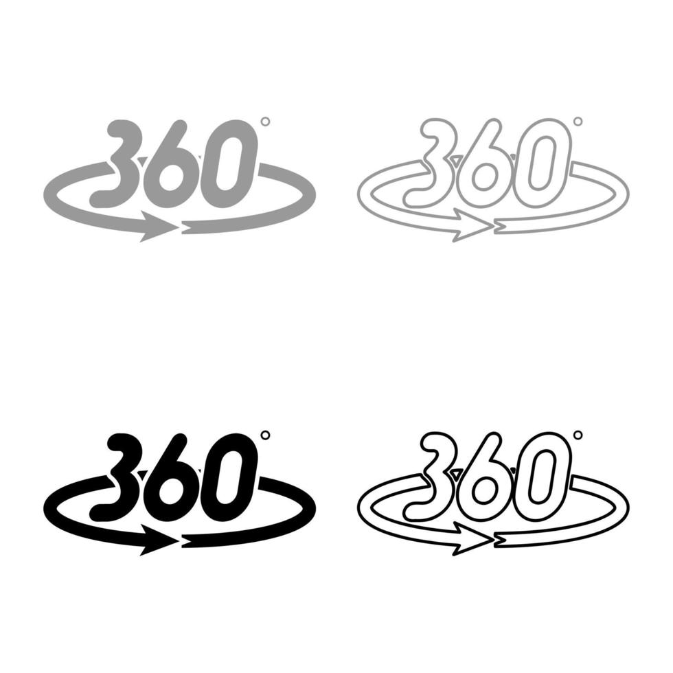 Concetto di freccia di rotazione di 360 gradi icona a vista completa set di contorno colore grigio nero illustrazione vettoriale immagine in stile piatto