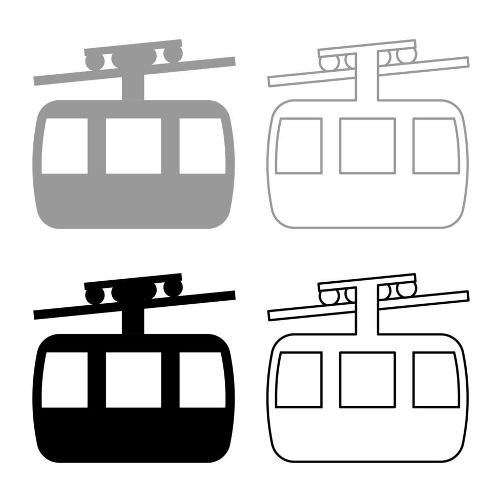 funicolare via aerea funivia impianto di risalita resort di montagna trasporto aereo turismo funivia cabina icona contorno set nero grigio colore vettore illustrazione stile piatto immagine