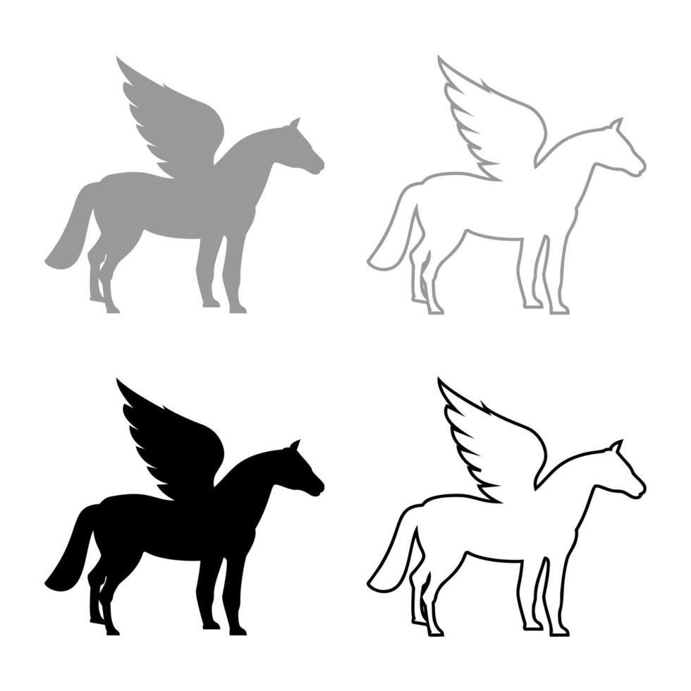pegasus cavallo alato silhouette creatura mitica animale favoloso icona contorno set nero grigio colore vettore illustrazione stile piatto immagine