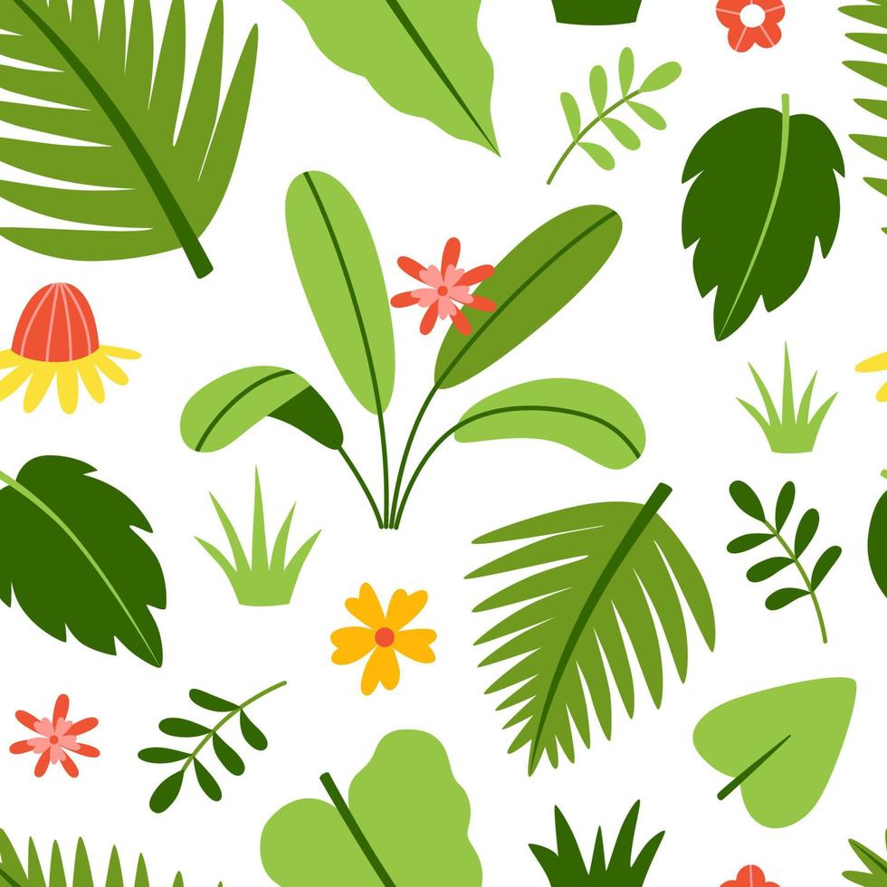 foglie di palma e fiori tropicali luminosi in un modello vettoriale senza soluzione di continuità. stampa divertente con piante esotiche per tessuti per bambini o stampa su qualsiasi superficie