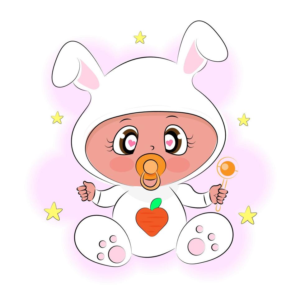 bambino carino vestito da coniglio, personaggio dei cartoni animati divertente guarda con occhi carini e tiene un sonaglio vettore