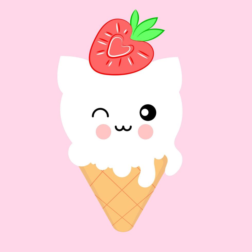 personaggio gelato gatto kawaii, stile giapponese, dolcetto con fragola, adesivo, stampa tessile, t-shirt, imballaggio, illustrazione vettoriale