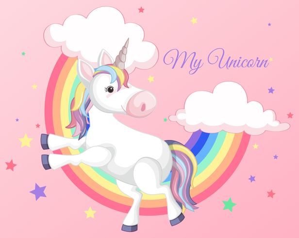 Unicorno con arcobaleno su sfondo rosa vettore