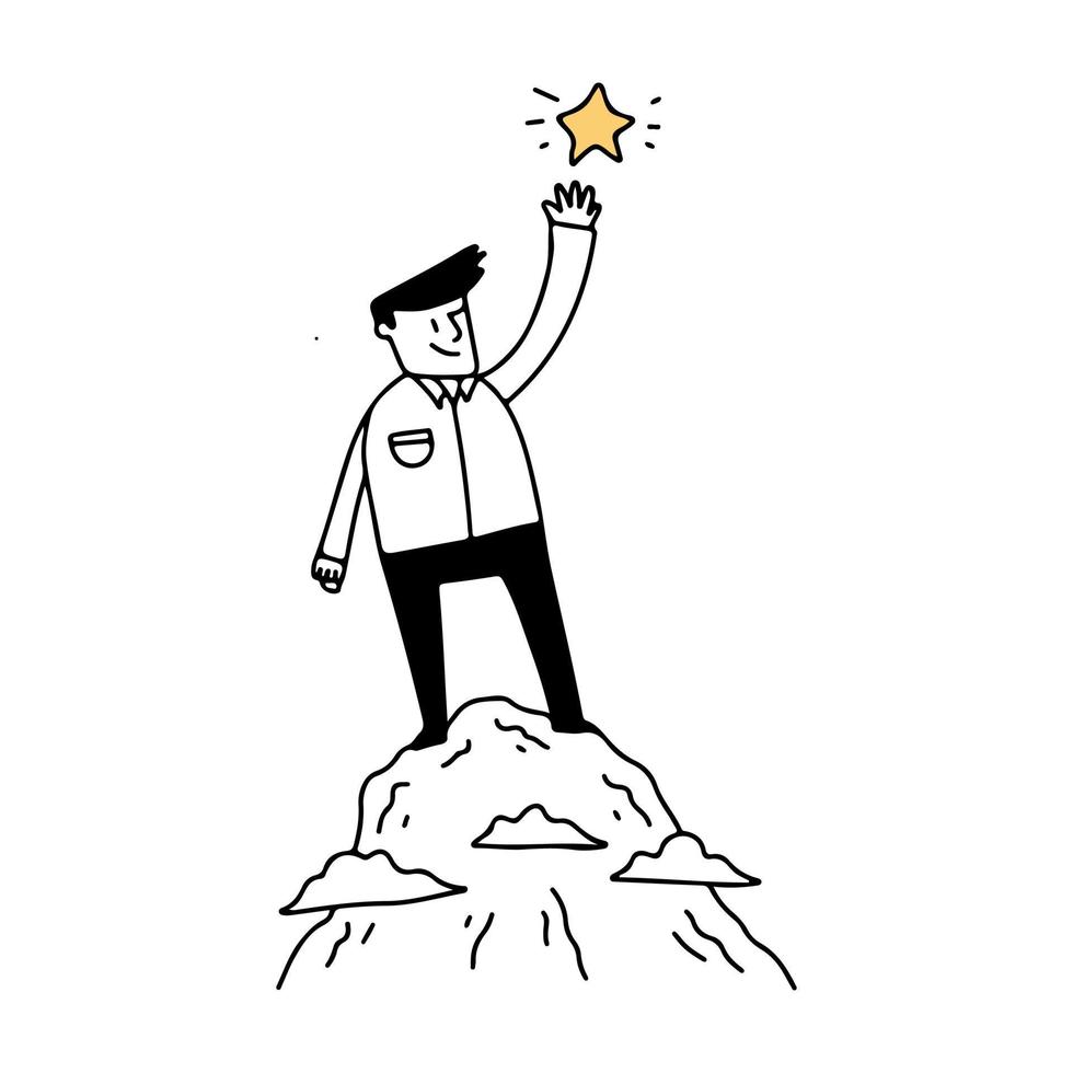 illustrazione di un uomo d'affari sulla cima della montagna e raggiungere le stelle, illustrazione vettoriale disegnata a mano in stile doodle