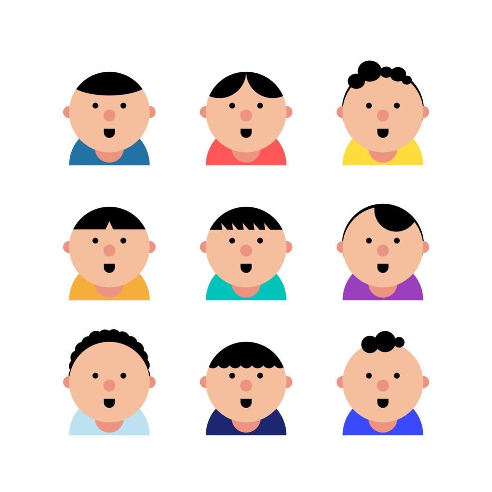 set di caratteri per ragazzi, icone avatar in design piatto, isolato, illustrazione vettoriale