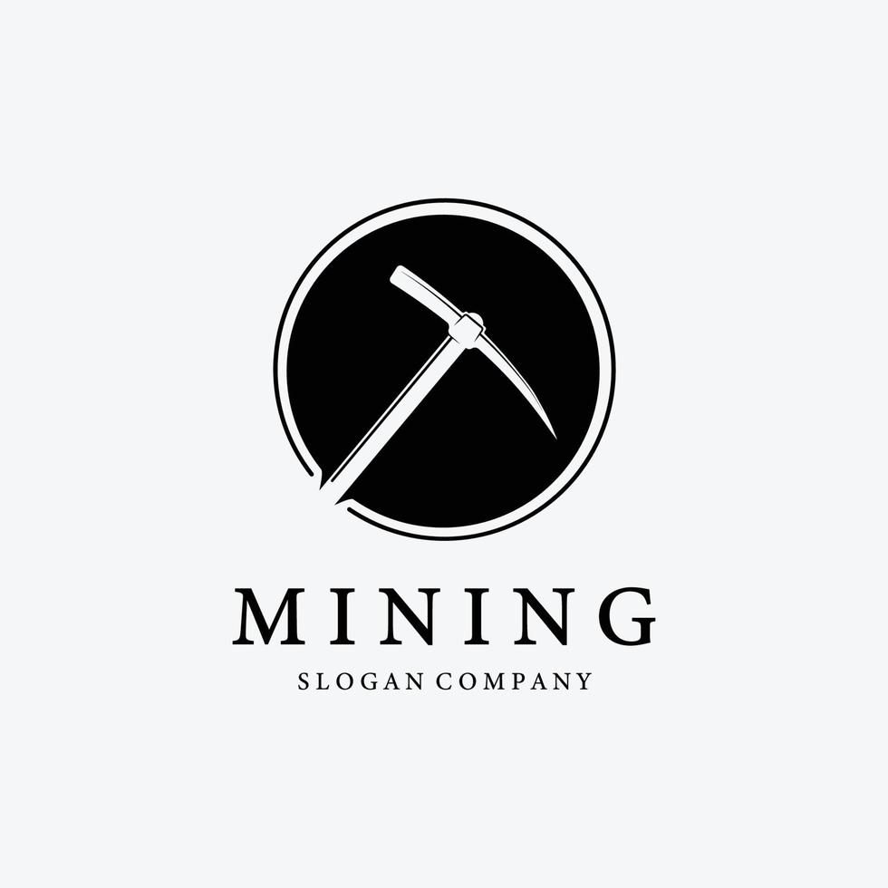 semplice logo mining con piccone disegno vettoriale illustrazione vintage, concetto di scavatrice, concetto minimalista di estrazione mineraria