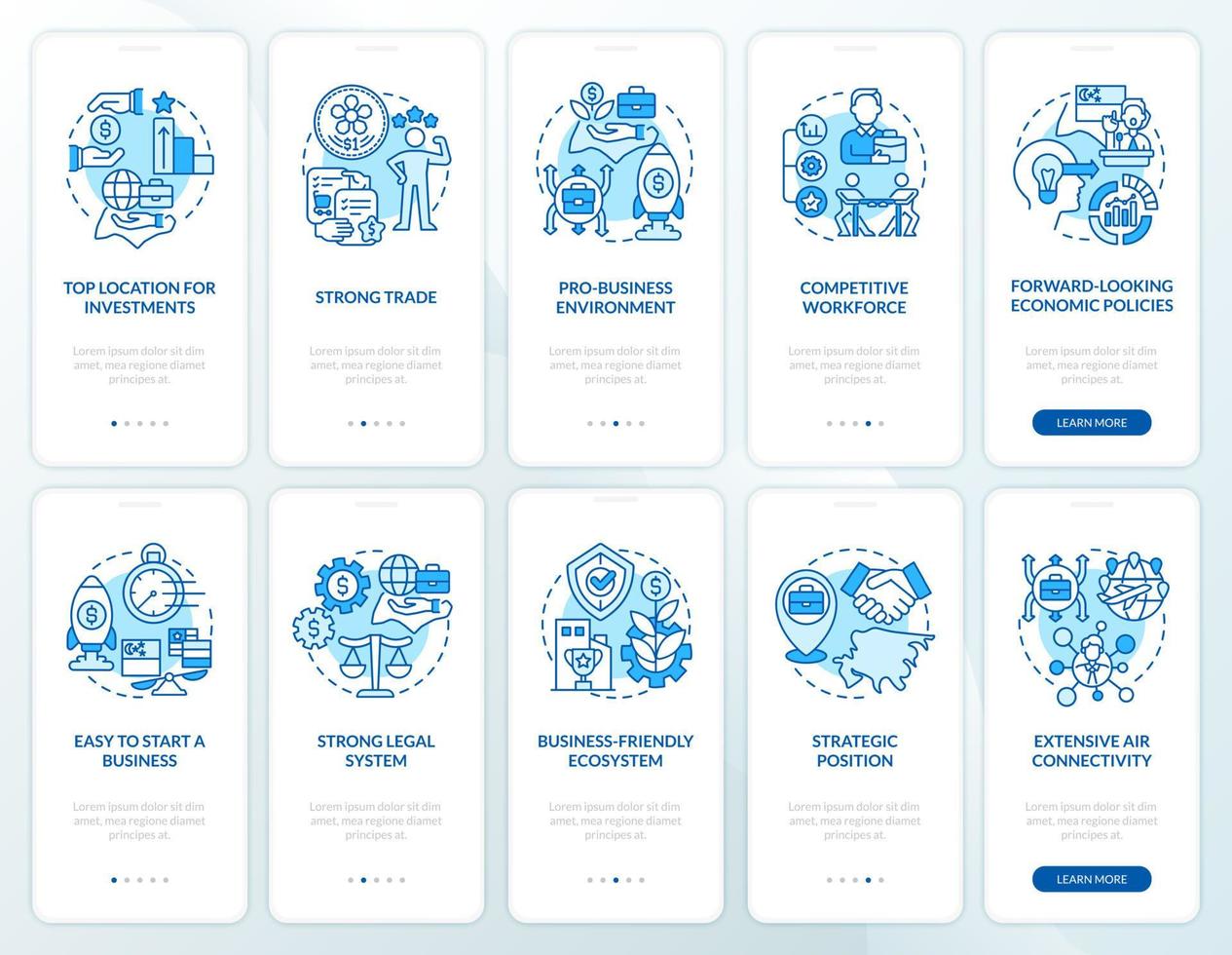 set di schermate per app mobili per l'onboarding blu business-friendly asia. guida al trading 5 passaggi pagine di istruzioni grafiche con concetti lineari. ui, ux, modello gui. sono stati utilizzati una miriade di caratteri normali in grassetto vettore